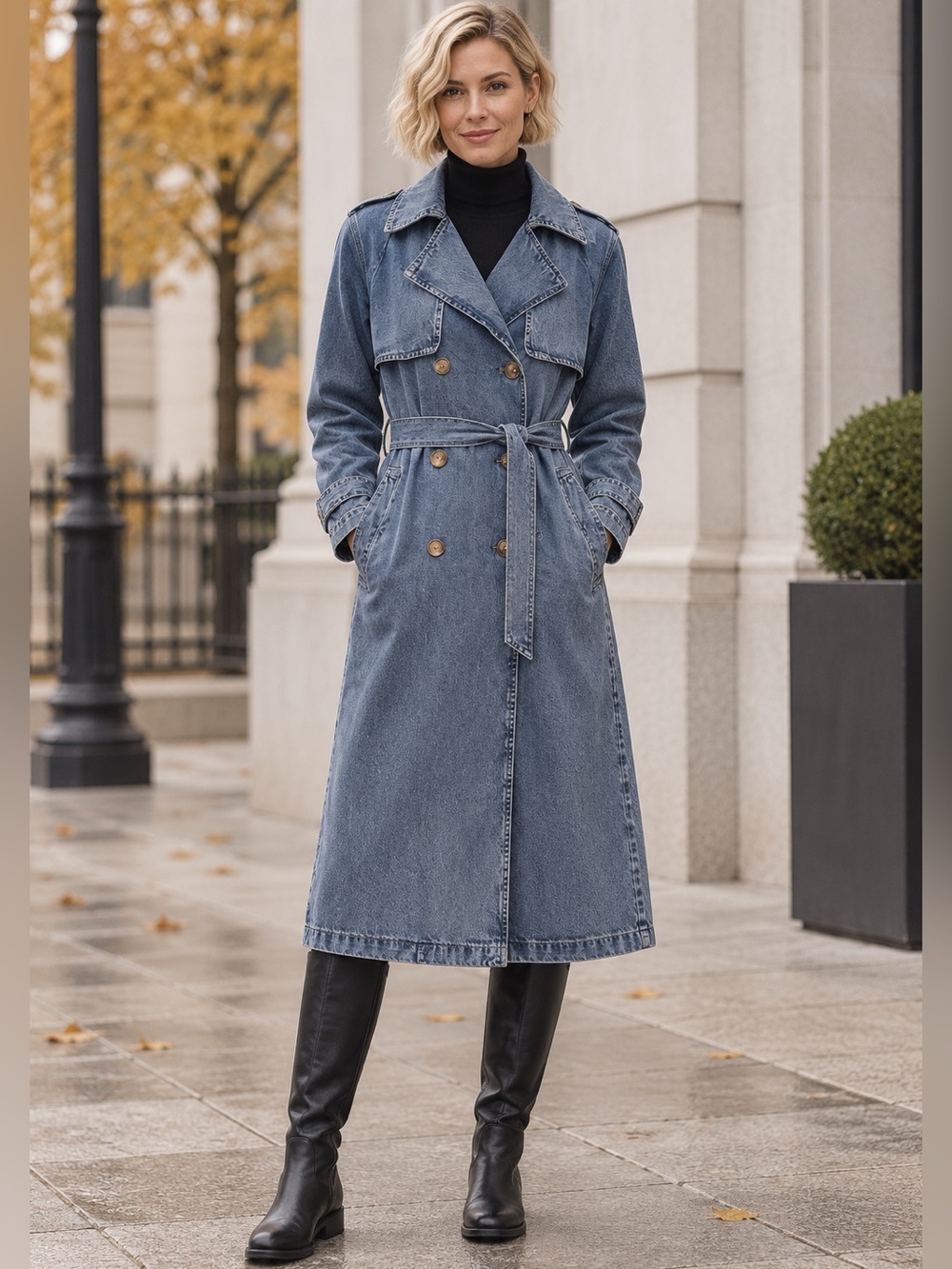 DKNY Jeans Denim Trench Coat S Belted Long Duste